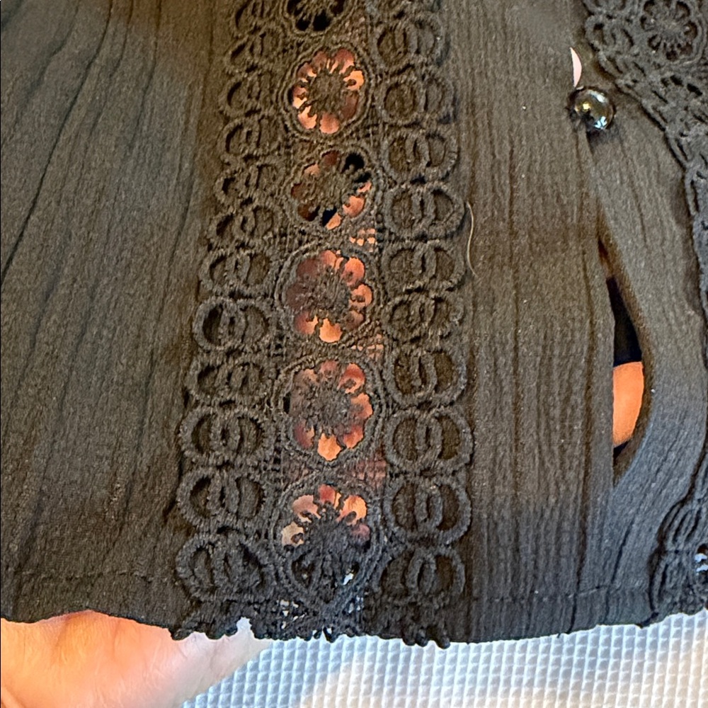 Boho Sheer Mesh Floral Embroidered Button Down Up Shirt Top Blouse Black US 4 - Picture 12 of 13